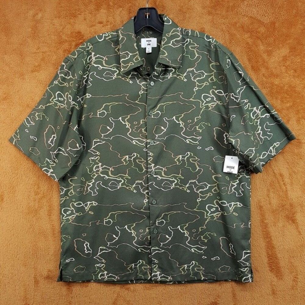 MODE OF ONE Shirt Mens Small Dark Green Short Sleeve Topographic Abstract Camo
